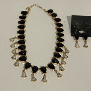 Gold Tone Black Pear Shaped Stones with Clear Teardrops Necklace and Earrings